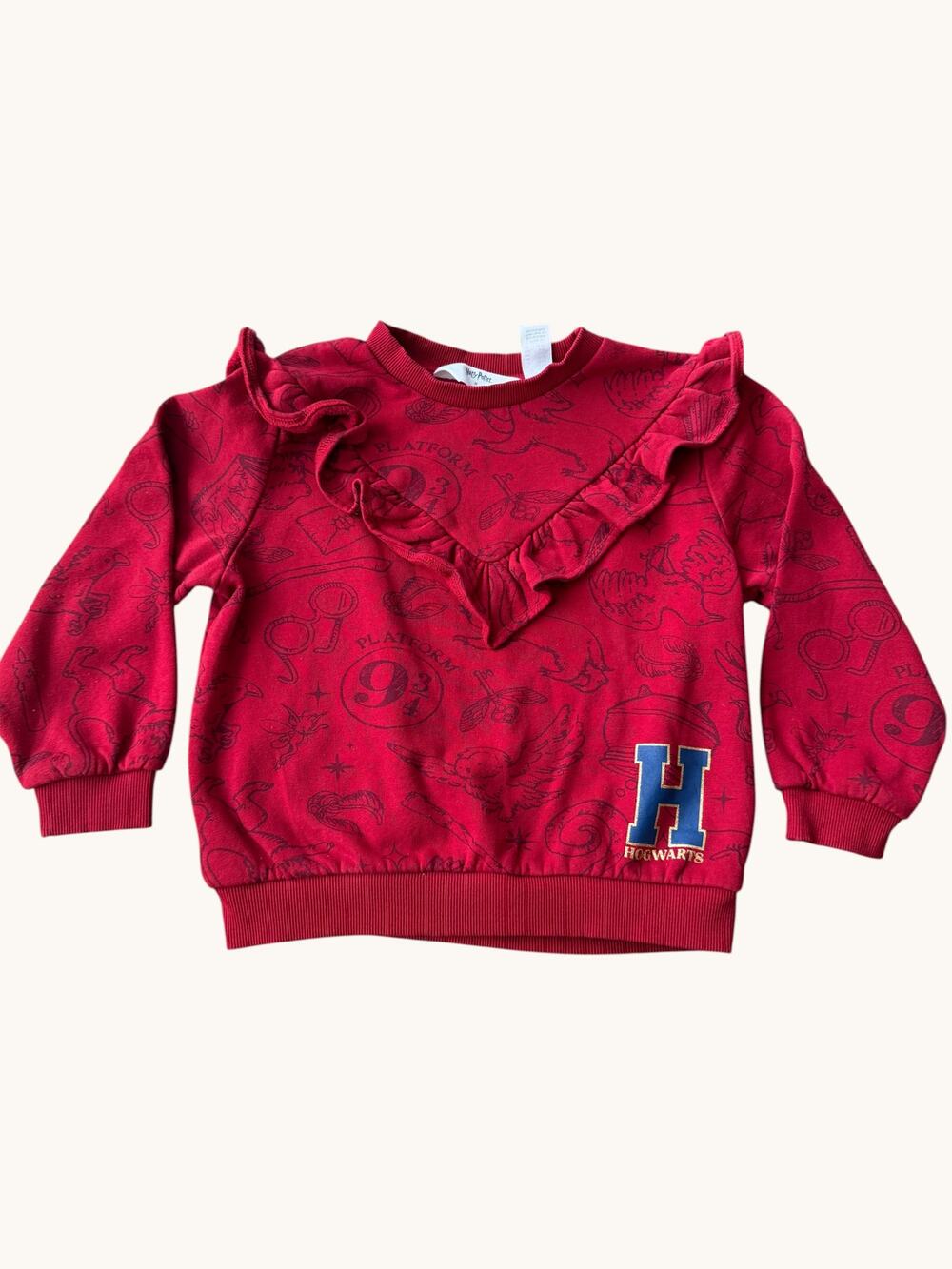 H&M x Harry Potter Girls Ruffle Sweatshirt Red Hogwarts Platform 9 3/4 Size 4-6Y